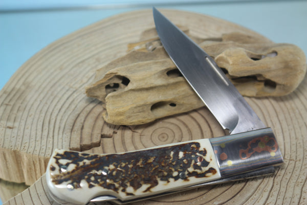 Fumio Inagaki FI-125 Jess Horn Folding Lock knife Replica, Premium Hitachi ATS-34 blade, Genuine Sambar Stag Handle with Rainbow Damascus Bolster