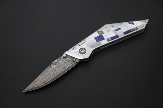 Ikuo Nagata IN-140 SPG2 Damascus Double Assisted Folder, Mosaic MOP Handle