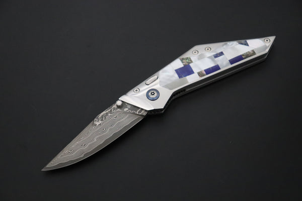 Ikuo Nagata IN-140 SPG2 Damascus Double Assisted Folder, Mosaic MOP Handle