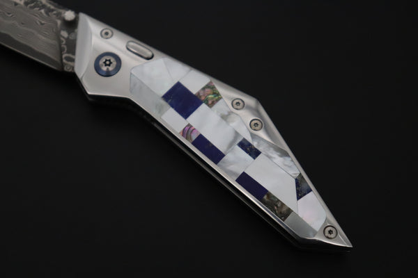 Ikuo Nagata IN-140 SPG2 Damascus Double Assisted Folder, Mosaic MOP Handle