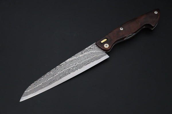 Ikuo Nagata IN-155 SPG2 Damascus Folding Santoku Hocho, Marbles style Ironwood Handle