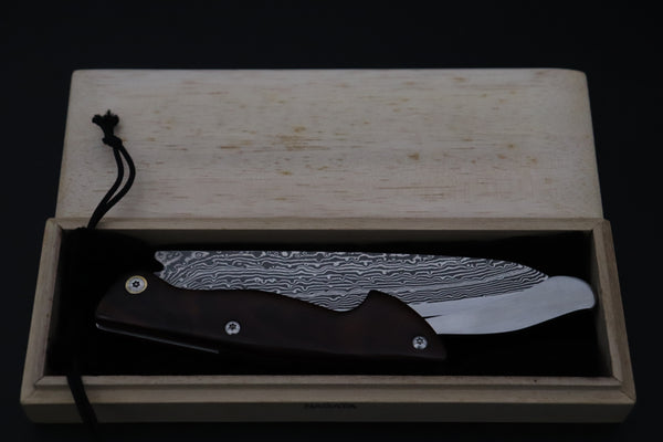 Ikuo Nagata IN-155 SPG2 Damascus Folding Santoku Hocho, Marbles style Ironwood Handle