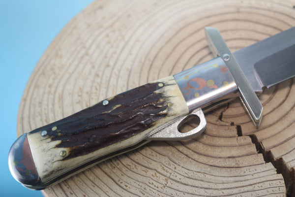 Fumio Inagaki FI-100 Marbles Folding Hunter Replica, Premium Hitachi ATS-34 blade, Rainbow Damascus Bolsters - japaneseknifedirect.mom