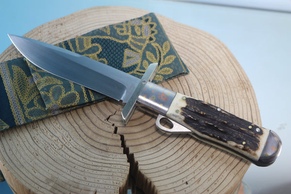 Fumio Inagaki FI-100 Marbles Folding Hunter Replica, Premium Hitachi ATS-34 blade, Rainbow Damascus Bolsters - japaneseknifedirect.mom