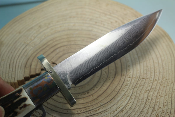 Fumio Inagaki FI-120 Marbles Folding Hunter Replica, VG-10 Damascus blade, Genuine Sambar Stag Handle with Rainbow Damascus Bolsters - japaneseknifedirect.mom
