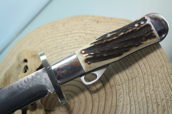 Fumio Inagaki FI-120 Marbles Folding Hunter Replica, VG-10 Damascus blade, Genuine Sambar Stag Handle with Rainbow Damascus Bolsters - japaneseknifedirect.mom
