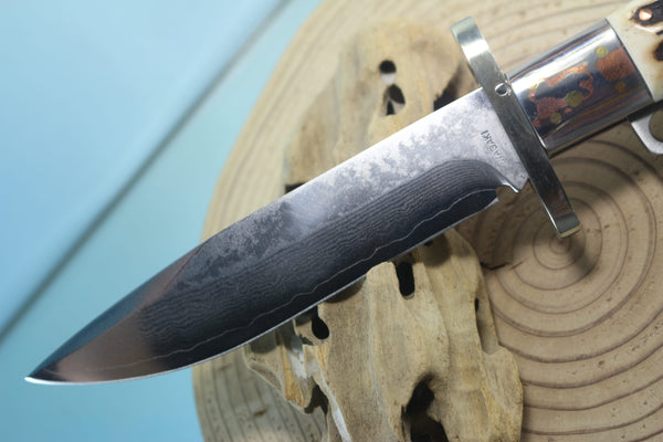 Fumio Inagaki FI-120 Marbles Folding Hunter Replica, VG-10 Damascus blade, Genuine Sambar Stag Handle with Rainbow Damascus Bolsters - japaneseknifedirect.mom