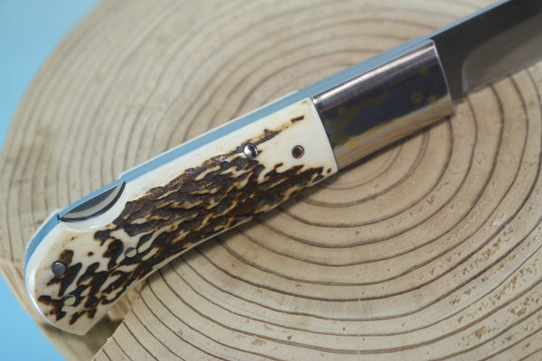 Fumio Inagaki FI-125 Jess Horn Folding Lock knife Replica, Premium Hitachi ATS-34 blade, Genuine Sambar Stag Handle with Rainbow Damascus Bolster - japaneseknifedirect.mom