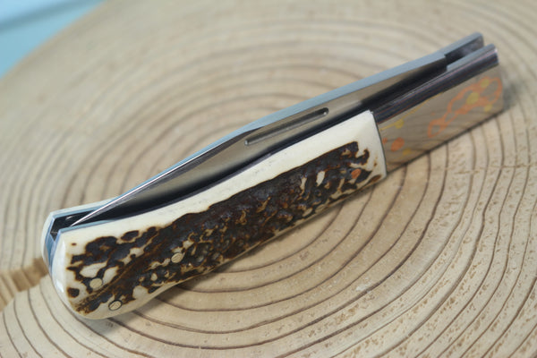 Fumio Inagaki FI-125 Jess Horn Folding Lock knife Replica, Premium Hitachi ATS-34 blade, Genuine Sambar Stag Handle with Rainbow Damascus Bolster - japaneseknifedirect.mom