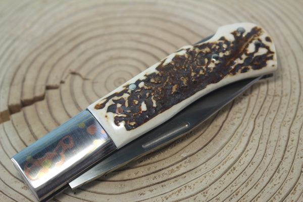 Fumio Inagaki FI-125 Jess Horn Folding Lock knife Replica, Premium Hitachi ATS-34 blade, Genuine Sambar Stag Handle with Rainbow Damascus Bolster - japaneseknifedirect.mom