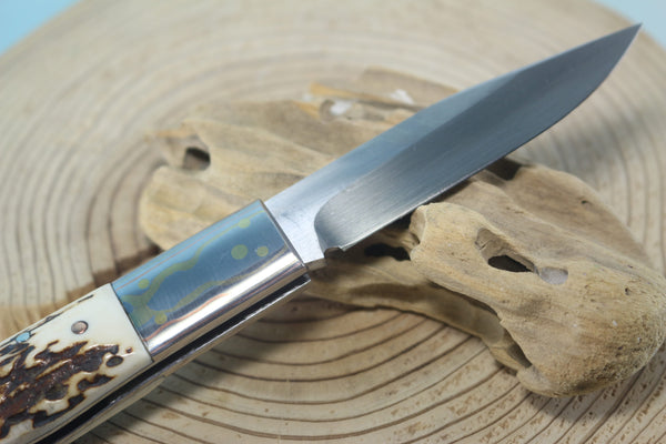 Fumio Inagaki FI-125 Jess Horn Folding Lock knife Replica, Premium Hitachi ATS-34 blade, Genuine Sambar Stag Handle with Rainbow Damascus Bolster - japaneseknifedirect.mom