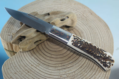 Fumio Inagaki FI-125 Jess Horn Folding Lock knife Replica, Premium Hitachi ATS-34 blade, Genuine Sambar Stag Handle with Rainbow Damascus Bolster - japaneseknifedirect.mom