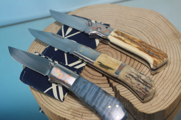 Fumio Inagaki FI-145 Premium ATS-34 Folder, Exotic Handle with Damascus Mokume-Gane Bolster