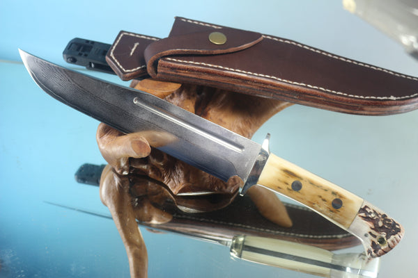 Fumio Inagaki FI-155  8-5/8" Big Bowie Knife. VG-10 Damascus blade, Mammoth Ivory/Crown Samber Stag handle - japaneseknifedirect.mom