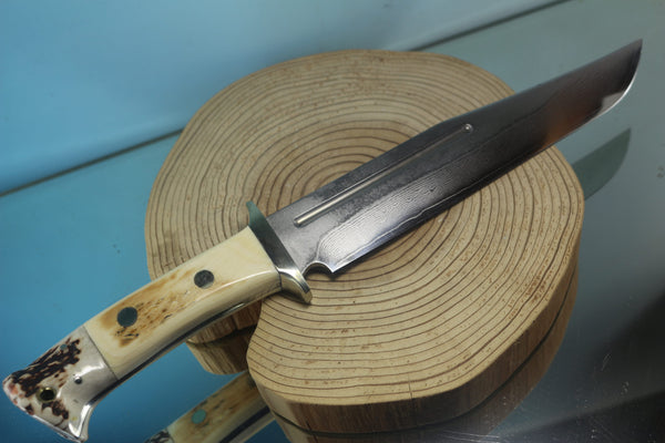 Fumio Inagaki FI-155  8-5/8" Big Bowie Knife. VG-10 Damascus blade, Mammoth Ivory/Crown Samber Stag handle - japaneseknifedirect.mom
