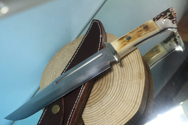 Fumio Inagaki FI-155  8-5/8" Big Bowie Knife. VG-10 Damascus blade, Mammoth Ivory/Crown Samber Stag handle - japaneseknifedirect.mom
