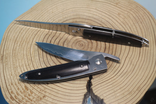 Fumio Inagaki FI-500 Higonokami Liner Lock Folder, ATS-34 blade and VG-10 Damascus blade - japaneseknifedirect.mom