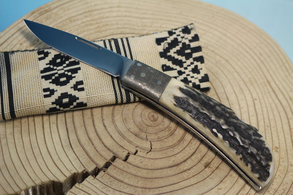 Fumio Inagaki FI-550 Cowry Lockback Folder, Stag handle with Mokume bolster - japaneseknifedirect.mom