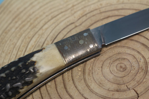 Fumio Inagaki FI-550 Cowry Lockback Folder, Stag handle with Mokume bolster - japaneseknifedirect.mom