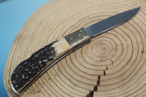 Fumio Inagaki FI-550 Cowry Lockback Folder, Stag handle with Mokume bolster - japaneseknifedirect.mom