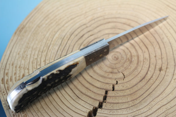 Fumio Inagaki FI-550 Cowry Lockback Folder, Stag handle with Mokume bolster - japaneseknifedirect.mom