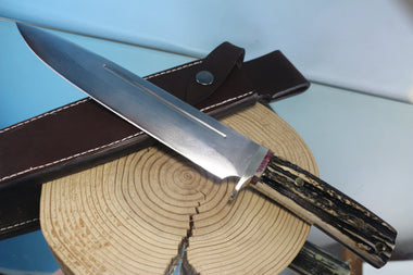 Fumio Inagaki FI-590 Big Straight Hunter. 9-1/2" VG-10 Damascus blade, Samber Stag handle - japaneseknifedirect.mom