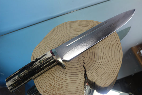 Fumio Inagaki FI-590 Big Straight Hunter. 9-1/2" VG-10 Damascus blade, Samber Stag handle - japaneseknifedirect.mom