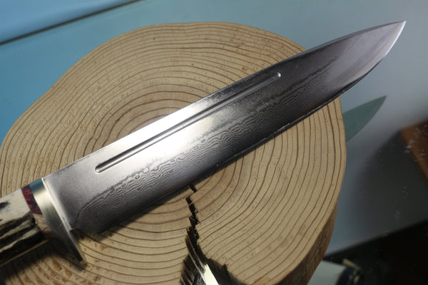 Fumio Inagaki FI-590 Big Straight Hunter. 9-1/2" VG-10 Damascus blade, Samber Stag handle - japaneseknifedirect.mom