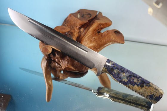 Fumio Inagaki FI-600 Katana Hunter II. 10-1/4" VG-10 Damascus blade, Blue Boxelder Burl wood handle - japaneseknifedirect.mom