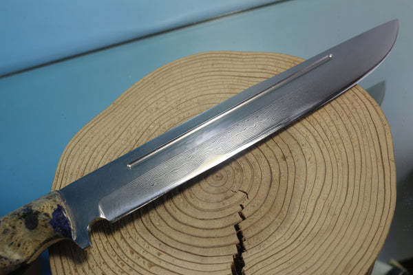 Fumio Inagaki FI-600 Katana Hunter II. 10-1/4" VG-10 Damascus blade, Blue Boxelder Burl wood handle - japaneseknifedirect.mom
