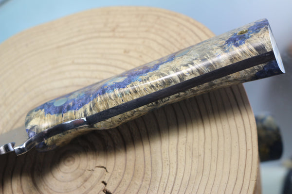 Fumio Inagaki FI-600 Katana Hunter II. 10-1/4" VG-10 Damascus blade, Blue Boxelder Burl wood handle - japaneseknifedirect.mom