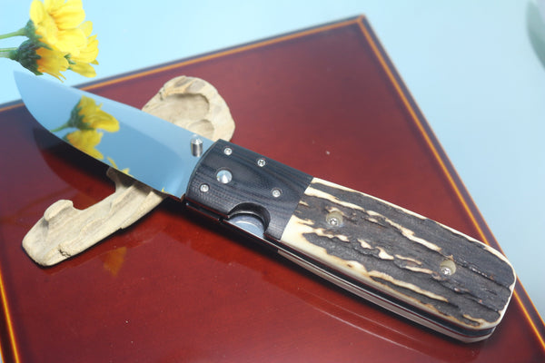 Fumio Inagaki FI-640 ATS Folding Hunter, 3-1/4" Hitachi ATS-34 Premium steel Blade, Sambar Stag Handle - japaneseknifedirect.mom