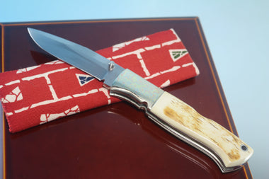 Fumio Inagaki FI-710 Blackjack MAMBA Folder replica, Mammoth Ivory Handle with Damascus Mokume-Gane  Bolster - japaneseknifedirect.mom