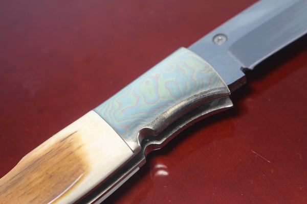 Fumio Inagaki FI-710 Blackjack MAMBA Folder replica, Mammoth Ivory Handle with Damascus Mokume-Gane  Bolster - japaneseknifedirect.mom