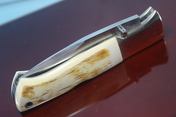 Fumio Inagaki FI-710 Blackjack MAMBA Folder replica, Mammoth Ivory Handle with Damascus Mokume-Gane  Bolster - japaneseknifedirect.mom