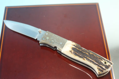 Fumio Inagaki FI-740 Blackjack MAMBA Folder replica, Stag Handle with Damascus Mokume-Gane  Bolster - japaneseknifedirect.mom