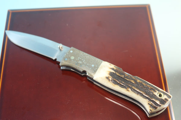 Fumio Inagaki FI-740 Blackjack MAMBA Folder replica, Stag Handle with Damascus Mokume-Gane  Bolster - japaneseknifedirect.mom