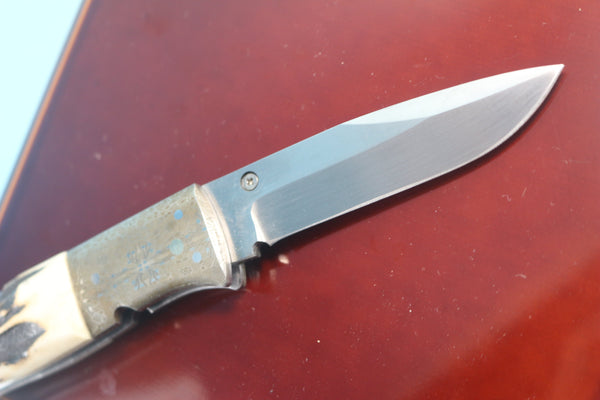Fumio Inagaki FI-740 Blackjack MAMBA Folder replica, Stag Handle with Damascus Mokume-Gane  Bolster - japaneseknifedirect.mom