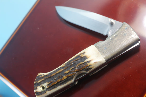Fumio Inagaki FI-740 Blackjack MAMBA Folder replica, Stag Handle with Damascus Mokume-Gane  Bolster - japaneseknifedirect.mom