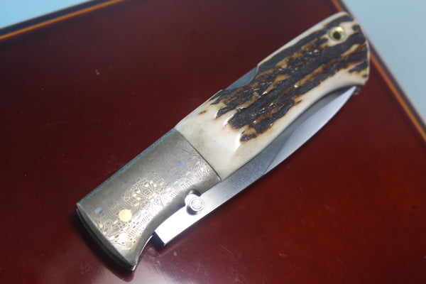 Fumio Inagaki FI-740 Blackjack MAMBA Folder replica, Stag Handle with Damascus Mokume-Gane  Bolster - japaneseknifedirect.mom