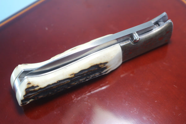 Fumio Inagaki FI-740 Blackjack MAMBA Folder replica, Stag Handle with Damascus Mokume-Gane  Bolster - japaneseknifedirect.mom