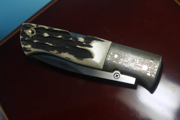 Fumio Inagaki FI-740 Blackjack MAMBA Folder replica, Stag Handle with Damascus Mokume-Gane  Bolster - japaneseknifedirect.mom
