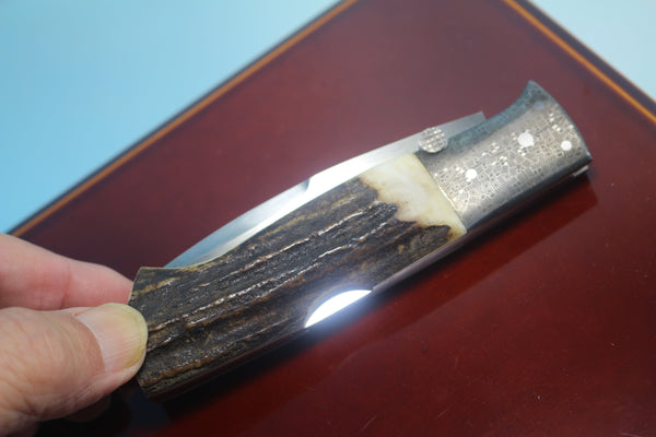 Fumio Inagaki FI-765 Blackjack MAMBA Folder replica, Stag Handle with Damascus Mokume-Gane  Bolster - japaneseknifedirect.mom