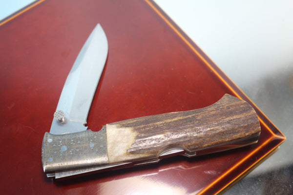 Fumio Inagaki FI-765 Blackjack MAMBA Folder replica, Stag Handle with Damascus Mokume-Gane  Bolster - japaneseknifedirect.mom