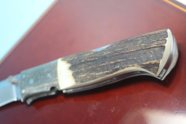 Fumio Inagaki FI-765 Blackjack MAMBA Folder replica, Stag Handle with Damascus Mokume-Gane  Bolster - japaneseknifedirect.mom