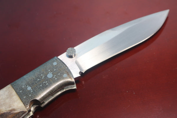 Fumio Inagaki FI-765 Blackjack MAMBA Folder replica, Stag Handle with Damascus Mokume-Gane  Bolster - japaneseknifedirect.mom