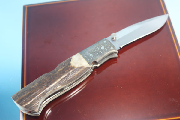Fumio Inagaki FI-765 Blackjack MAMBA Folder replica, Stag Handle with Damascus Mokume-Gane  Bolster - japaneseknifedirect.mom