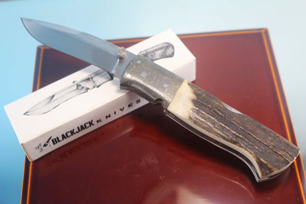 Fumio Inagaki FI-765 Blackjack MAMBA Folder replica, Stag Handle with Damascus Mokume-Gane  Bolster - japaneseknifedirect.mom