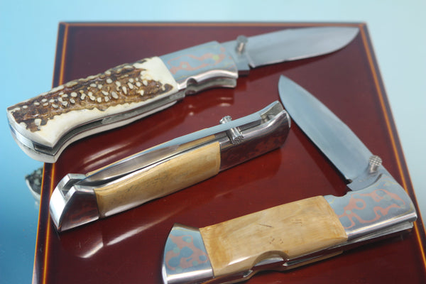 Fumio Inagaki FI-780 Blackjack MAMBA Folder, Custom Replica with Rainbow Damascus Mokume-Gane Bolster - japaneseknifedirect.mom