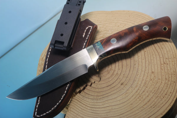 Fumio Inagaki FI-865 Quince Burl Spear Point Hunter, 5-1/4" Hitachi Premium ATS-34 Blade - japaneseknifedirect.mom